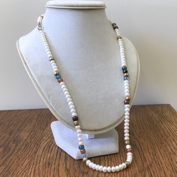 Pearl Real Genuine with Brass and Glass Beads Long Necklace Boho Style OOAK